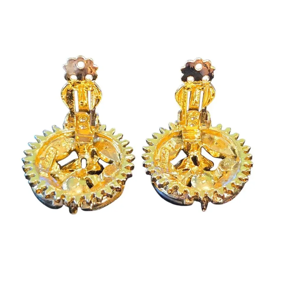 Florenza Signed VTG Iridescent Lava Rock & Uranium Crystal Clip On Earrings 1